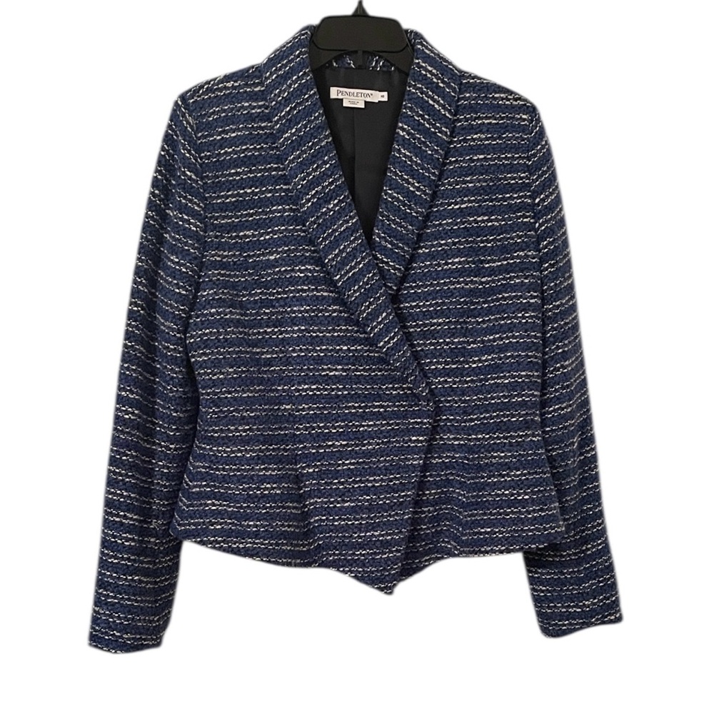 Pendelton Women's Blue White Tweed Wool Shawl Collar Snap Blazer Jacket‎ Size 10
